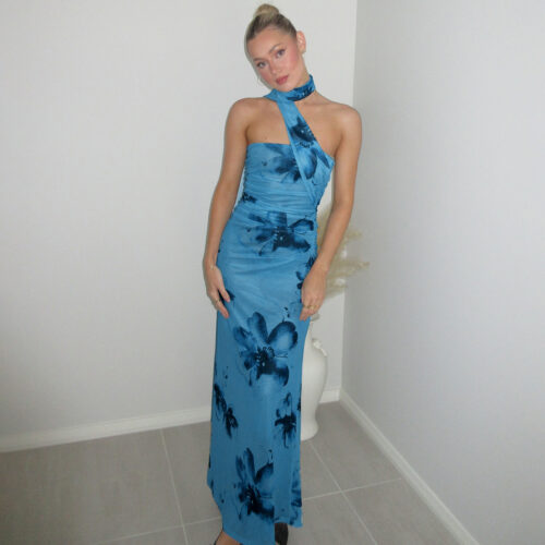 Ocean Bloom Printed Scandinavian Summer Dress - Blue