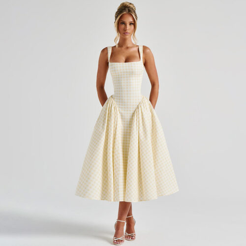 Sunlit Ghimgham Checkered Midi Dress - Yellow