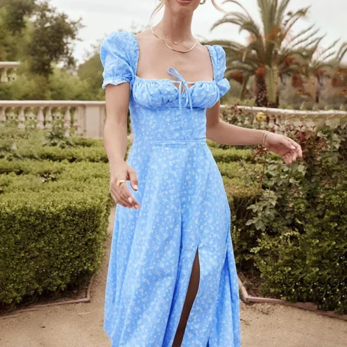 Cool Breeze Floral Puff Sleeves Midi Dress - Blue