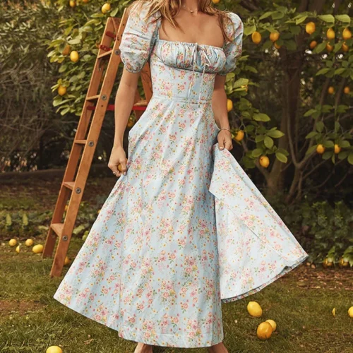 Floral Sleeves Midi - Light blue
