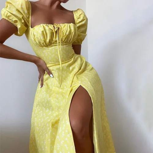 Floral Sleeves Midi - Yellow