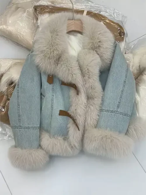 Denim Clip Cotton Fur Collar Short Winter Thick Warm Jacket