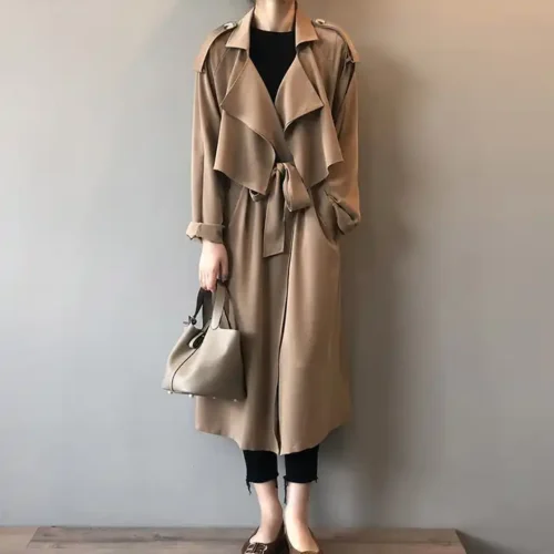 Long Original Stand Collar Trench Coat Windbreaker Jackets with Belt