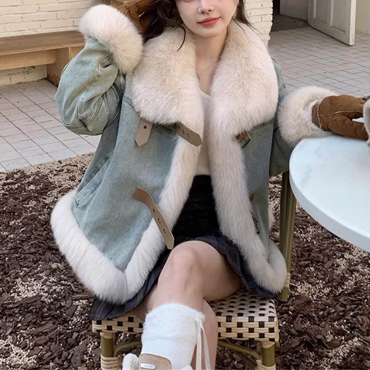 Denim Clip Cotton Fur Collar Short Winter Thick Warm Jacket - Image 2