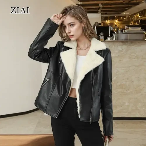 Thickened PU Leather & Fur Collar Breathable Winter and Autumn Jacket