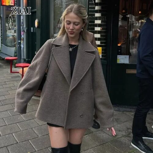 Chic Winter Double Breasted Solid Lapel Short Blazer Wool Jacket Warm Outerwear