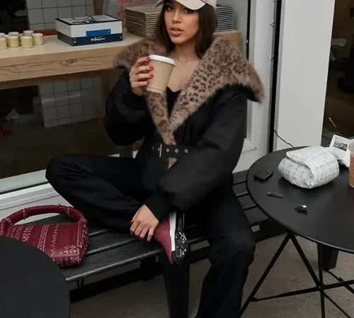 Leopard Print Faux Fur Cotton Padding Coat Winter with Belt Cotton Coat