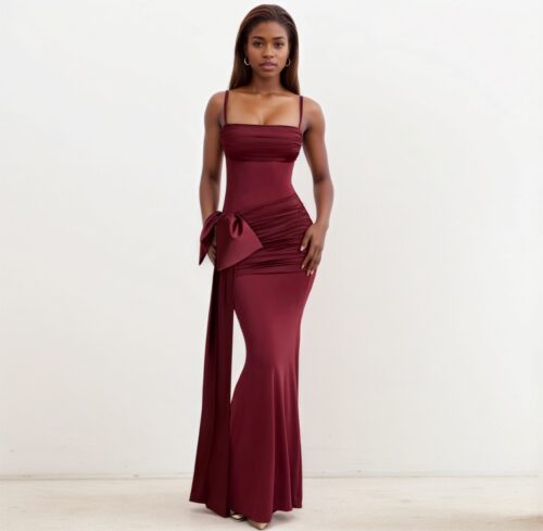 Bodycon Maxi Wrap Dress with Bow - Maroon