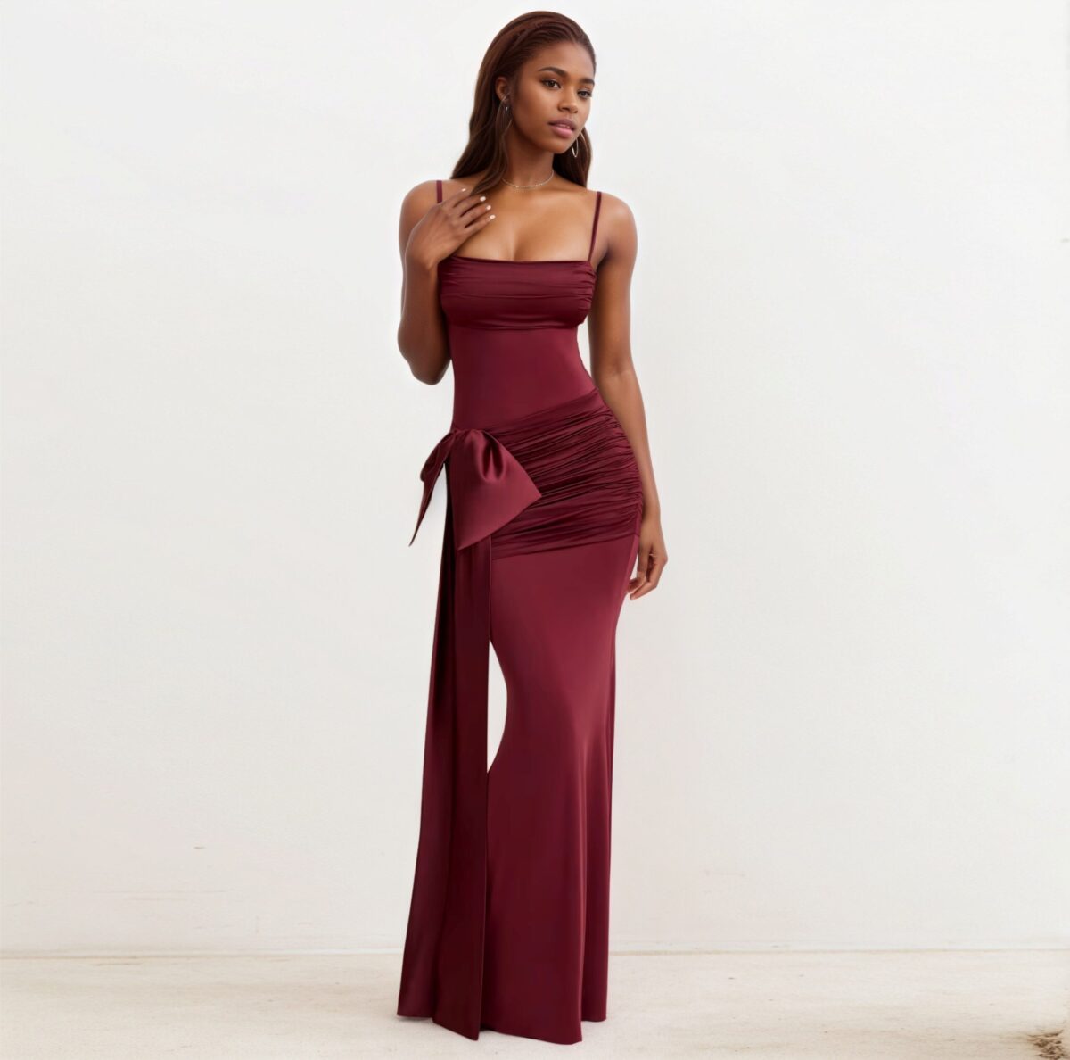 Bodycon Maxi Wrap Dress with Bow - Maroon - Image 2