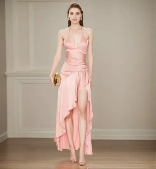 Plunge Neck Satin Slit Midi Prom Dress