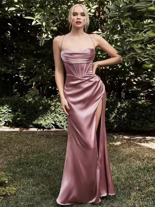 Satin Silk Corset Side Slit Blush Dress