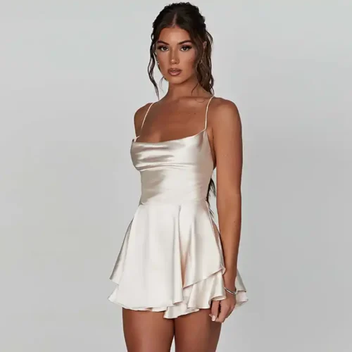 Sexy Satin Strappy Back Party Dress - Cream