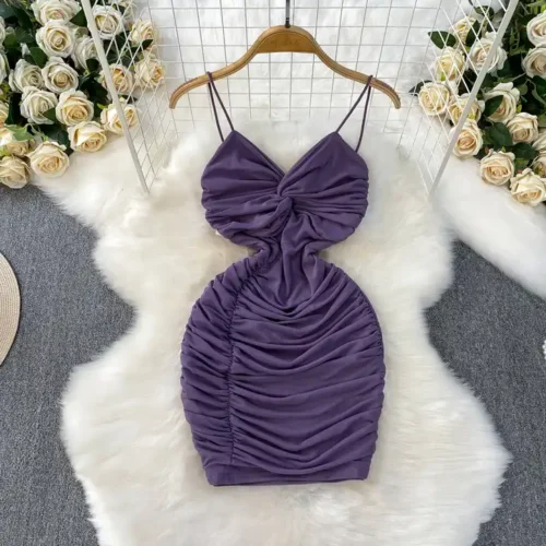 Summer Mesh Pleated Waist Thin Sexy V-neck Short Dress