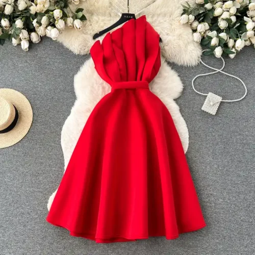 Temperament Oblique Neck Off Shoulder Slim Air Layer A-line Dress