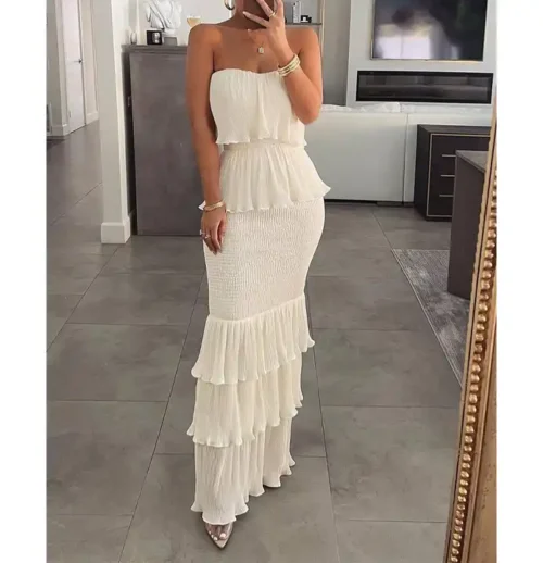 Sexy Temperament Solid Color Pleated Ruffle Edge Long Skirt
