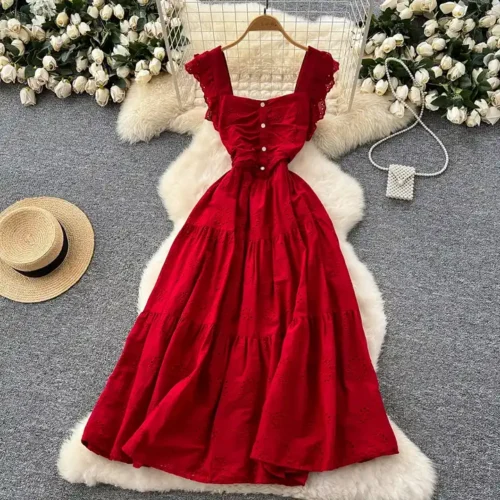Breezy French Vintage Square Neck Waisted Hollow Embroidered Summer Dress