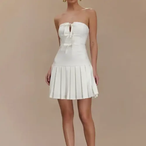 Luxury Chiffon Mini Pleated Birthday Party & Club Evening Dress Ivory with Natural Waistline