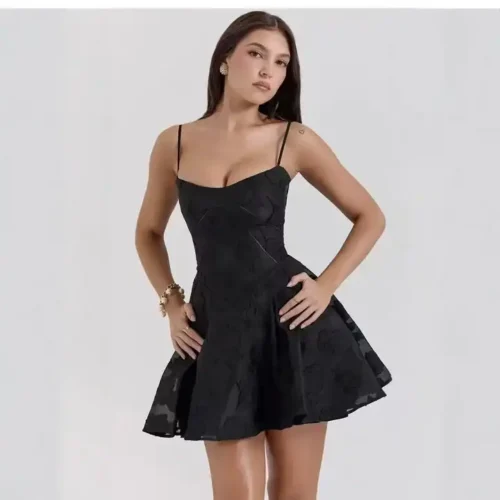 Floral Pattern Short Spaghetti Strap Summer Chiffon Dress - Black