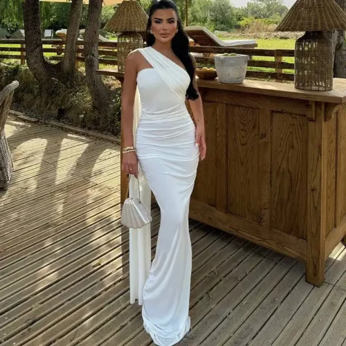 Elegant Scandinavian Neck Scalf Dress Solid Color Evening Dress With Back Slit