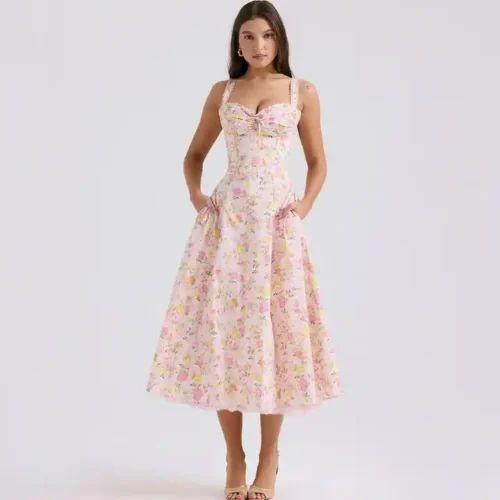 Floral Lace A-LINE Midi CB Vestidos Halter-Neck Straps Backless French Casual Printed Dress