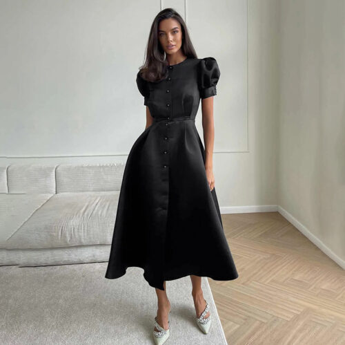Midnight A-Line Side Slit Puff Sleeve Front Button Satin Midi Dress