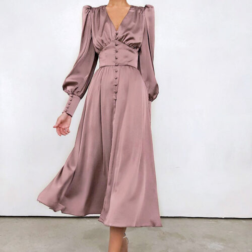 Elegant Blush V Neck Long Balloon Sleeve Front Buttons A-Line Satin Midi Dress