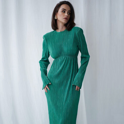 Pleated Trendy Long Sleeve Slit Back Charm Dress