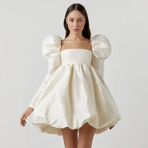 Princess Square Neck Puff Sleeve Balloon Satin Mini Dress