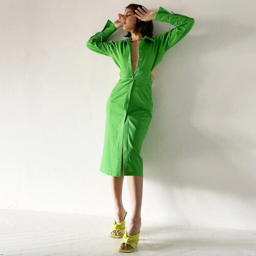 Shirt Style Spring Long Sleeve Cut Out Waist Cotton And Linen Shirt Dress