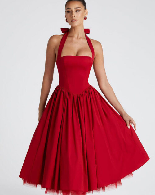 American New Evening Dress Puff Skirt Solid Color Lace up Midi Dress