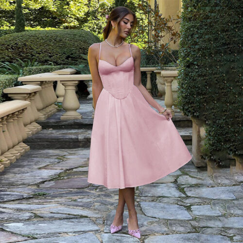 American Style Corset Waisted Strap Summer & Spring Slimming Solid Color Midi Dress