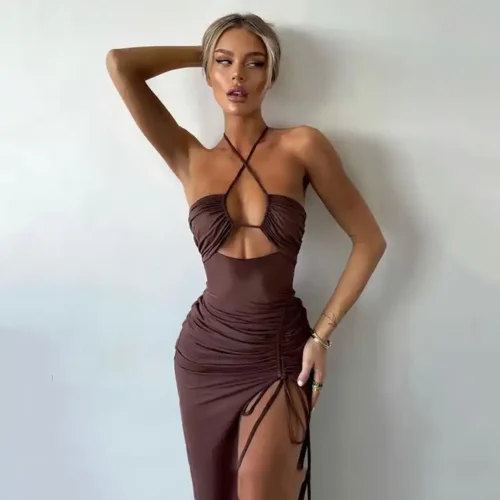 Halter-strap neck Cut-out Slit Dress