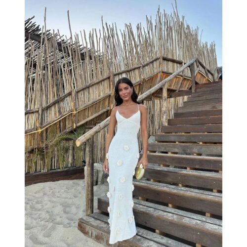 Popular Knitted V-Neck 3D Flower Embroidery Backless Floor-Length Holiday Beach Dress