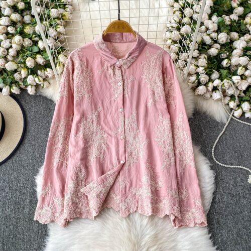Embroidery Lapel Long Sleeve Shirt Summer Blouse Premium Feeling Shirt Top