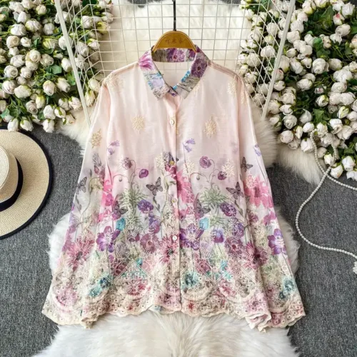 Summer, Spring and Autumn Loose Chiffon Embroidery Printed Lapel BreezyShirt