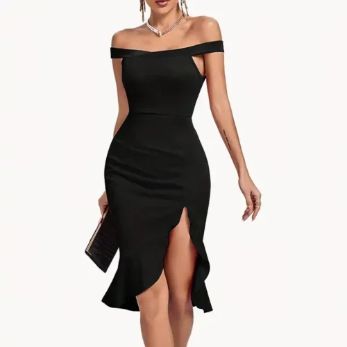 Off-Shoulder Side Slit Bodycon Midi Dress