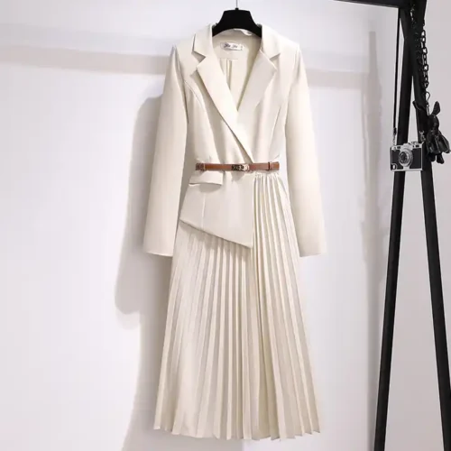 Work Pleated Skirt Blazer Dress - White