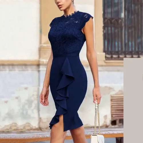 Blue Side Ruffle Embroidery Midi Dress