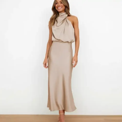 Cross-Border Halter Neck High-End French Style Satin Evening Or Work Dress Socialite Party