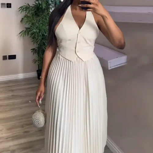 Boutique Summer Solid Color Halter Hanging Neck Vest Top Pleated Skirt Casual Set