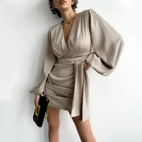 Elegant Ruched Waist Tie Satin Work or Party Mini Dress