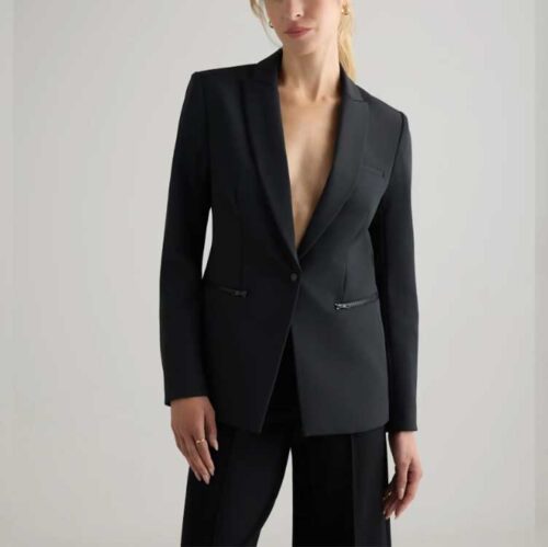 Elegant Black Button Business Blazer with Blank Collar for Autumn Winter Suit Set