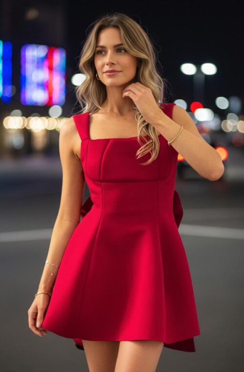 Romantic Scuba Skater Backless With Back Bow Mini Dress