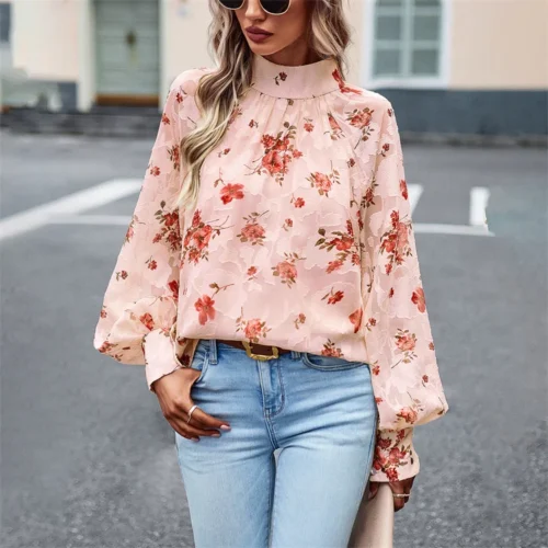 Floral Mock Neck Long Balloon Sleeve Satin Top