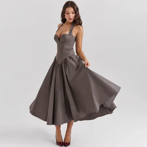Halter Plunge Neck Corset Flared Skirt Midaxi Dress