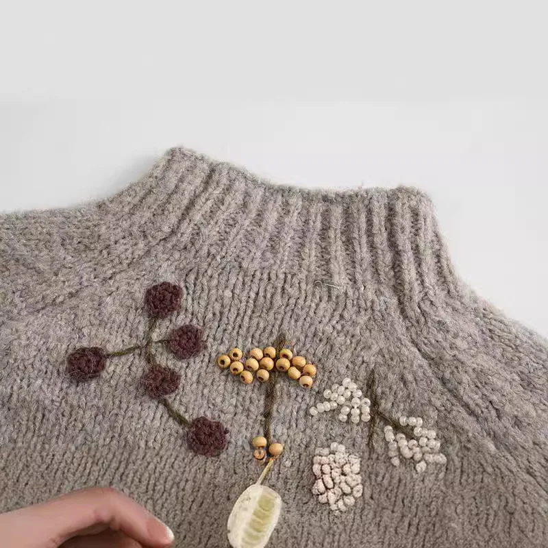 Beaded Flowers Embroidered Puff Sleeve Sweater - Image 3