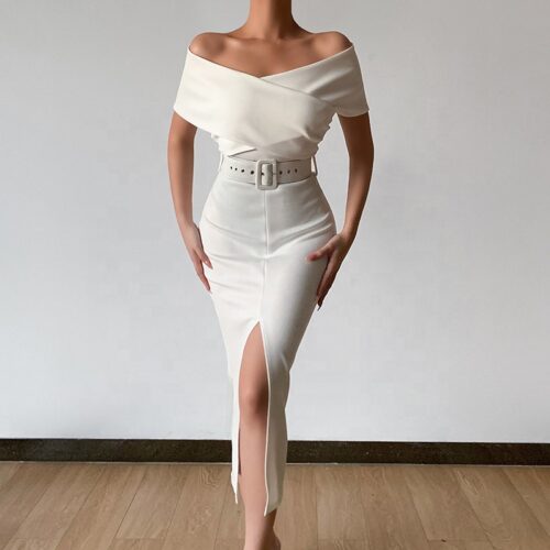 Pretty Off-shoulder Bodycon Work or Party Evening Belted Dress
