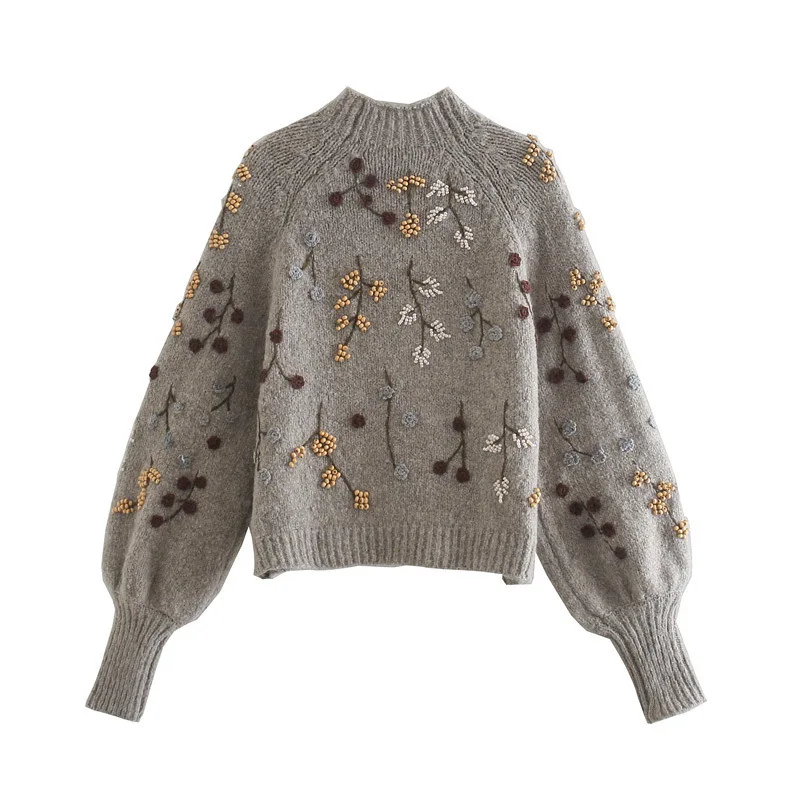 Beaded Flowers Embroidered Puff Sleeve Sweater - Image 6