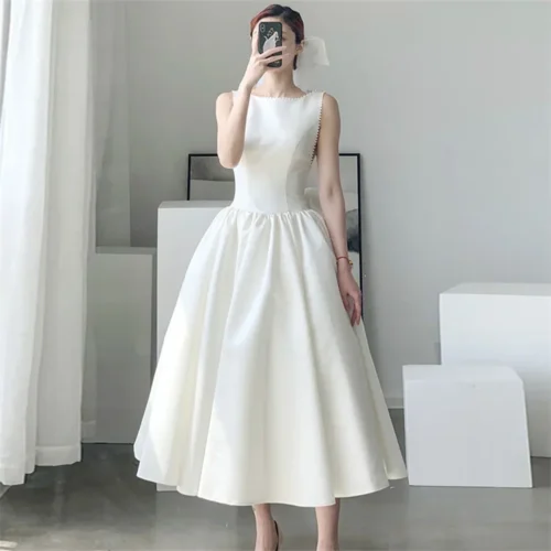 Organza Boat Neck Puffed Skirt Ball Gown Dress