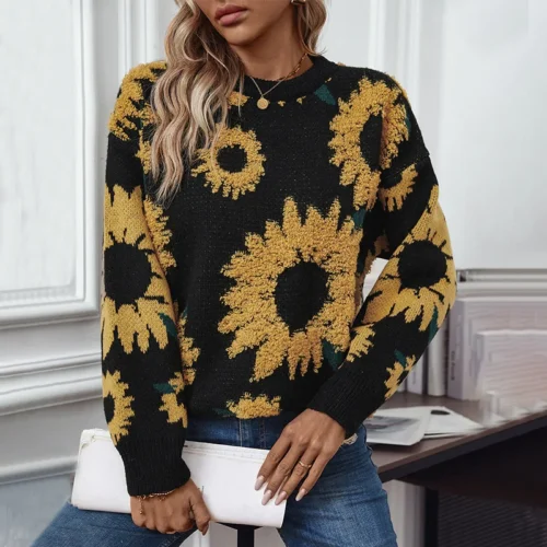 Sunflower 3D Jacquard Weave Long Sleeve Sweater